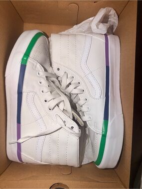 Vans White High-Top Sneakers with Green, Blue & Purple Accents